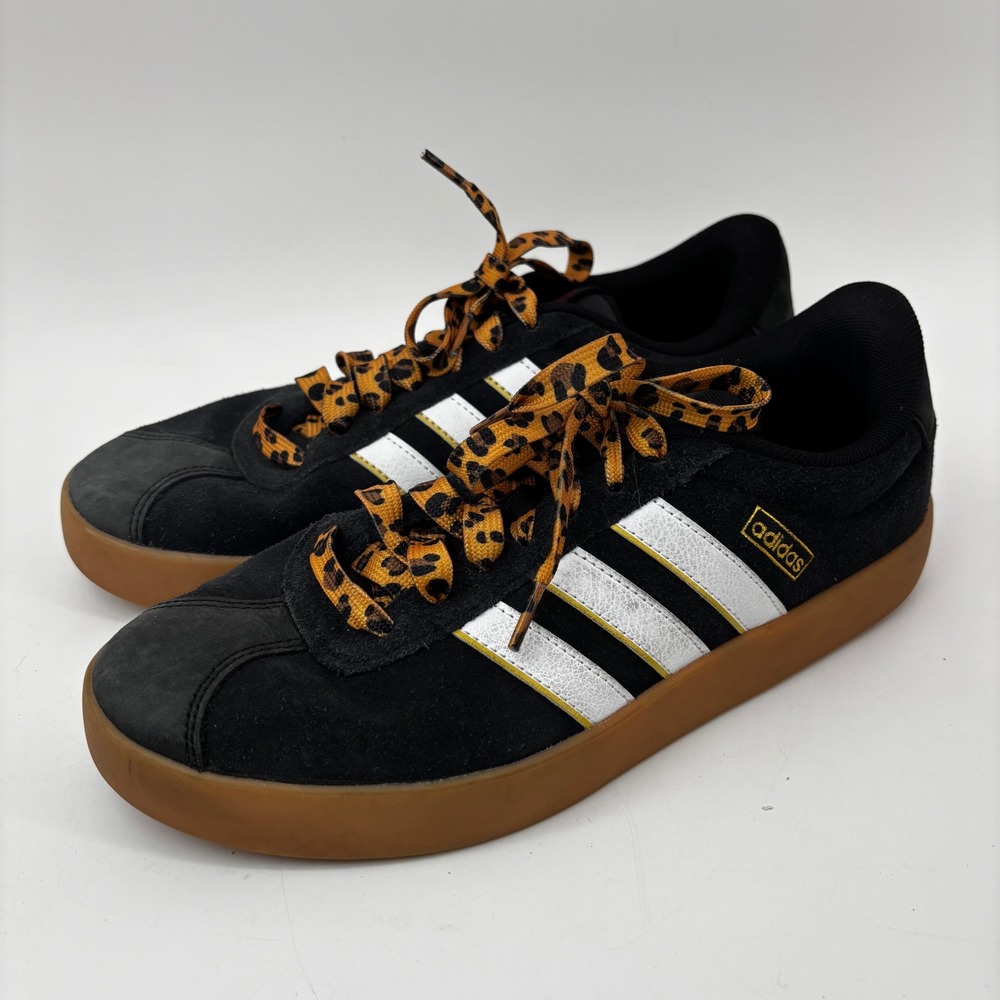 Adidas VL Court 3.0 Black Suede Gum Sole Leopard Lace Sneakers IH4789 Mens 8